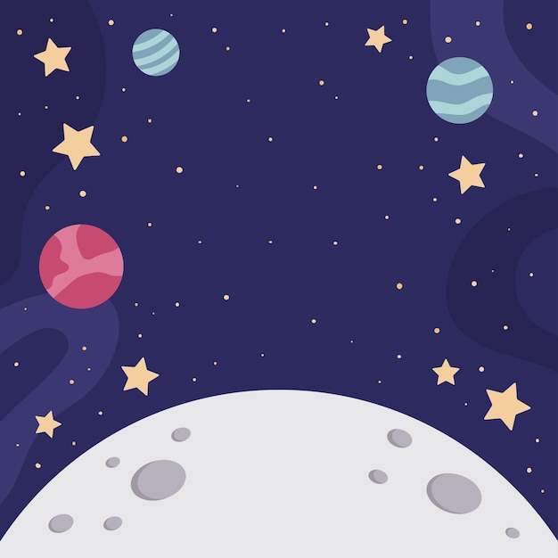 Cartoon space background with planets and moon