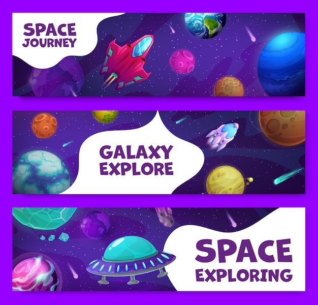 Vector cartoon space banners with cosmic engines and ufo