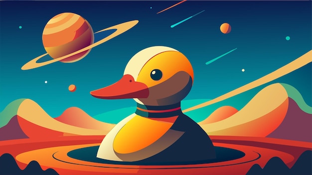 Cartoon space duck in a vibrant cosmic landscape with planets