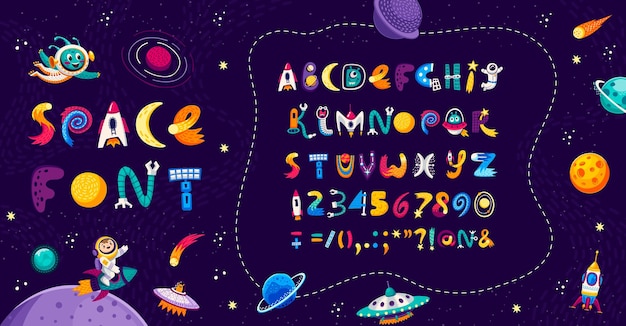 Cartoon space font in english alphabet universe type and galaxy typeface vector ABC Kid typeset font or typography text with spaceman astronaut planet and rocket or alien UFO and asteroid letters