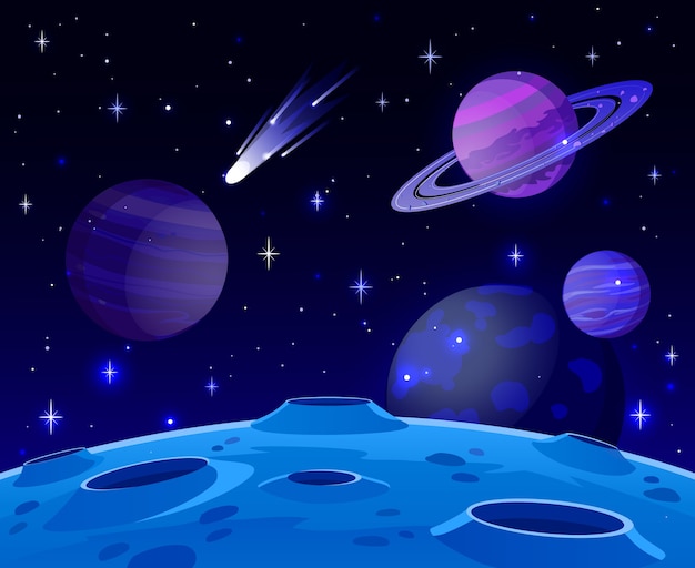 Cartoon space landscape with Cosmic planet