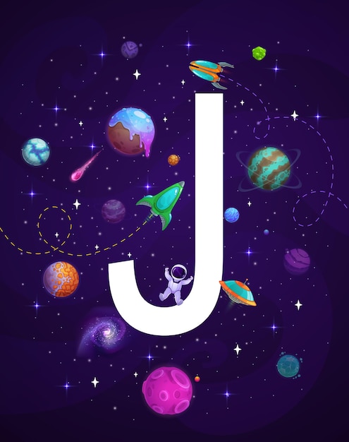 Cartoon space letter j galaxy planets background