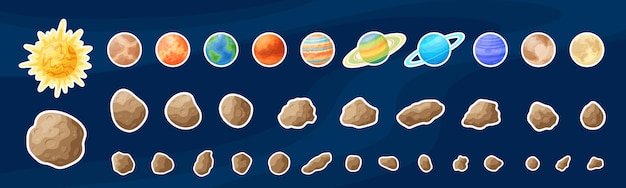 Cartoon space planets and asteroids sticker set flat astronomical objects art label collection