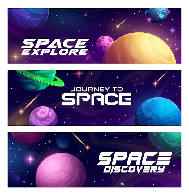 Vector cartoon space planets galaxy landscape banners