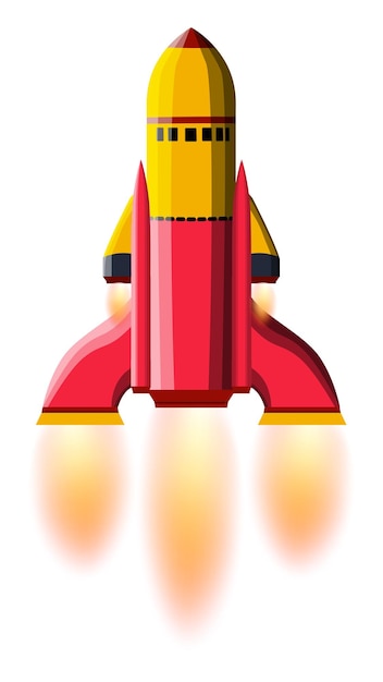 Cartoon space rocket with yellow and red body with massive racks and flame from nozzles isolated on white Design element