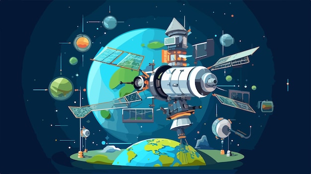 a cartoon of a space ship with a space station in the background