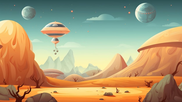 Vector a cartoon of a spaceship flying over a desert landscape