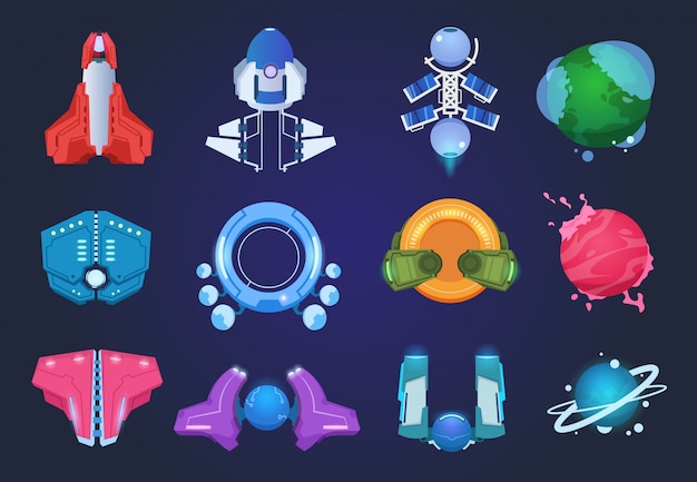 Cartoon spaceships. Alien planets ufo rockets and missiles. Space galaxy game items