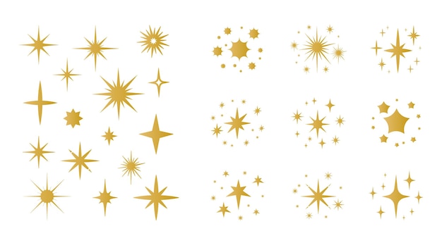 Cartoon sparkling Yellow and golden star groups and twinkling design elements Isolated spark shapes Festive firework shiny particles Explosion glowing flashes Holiday flares Vector glitters set