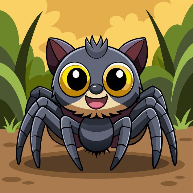 Vector a cartoon of a spider with a yellow eyes and a black spider