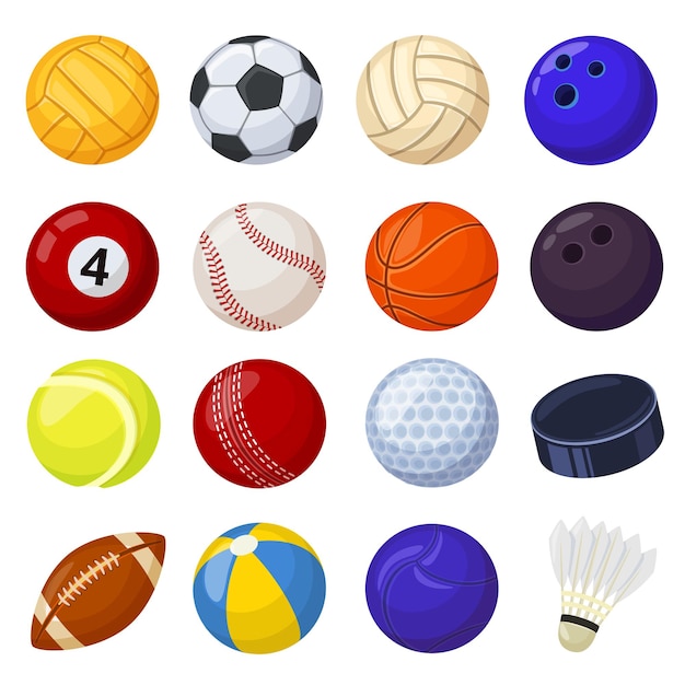 Cartoon sport ball sports game equipment soccer volleyball golf football baseball cricket vector set