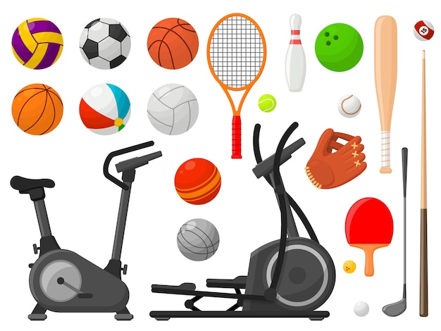 Cartoon sport equipment Ball collection flat balls and racket golf accessories Gym elements sporting and outdoor activity recent vector objects