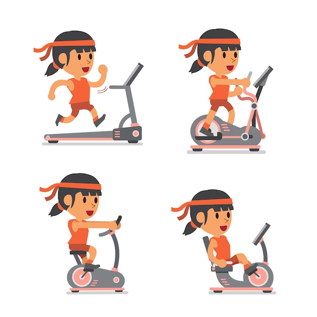 Cartoon sport woman with exercise machines