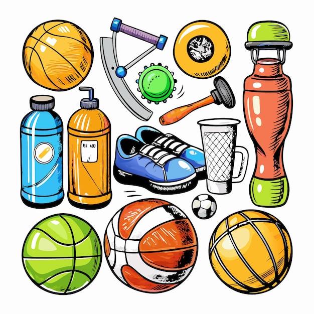 Vector cartoon sports equipment balls shoes bottles weights and a cup isolated on white background