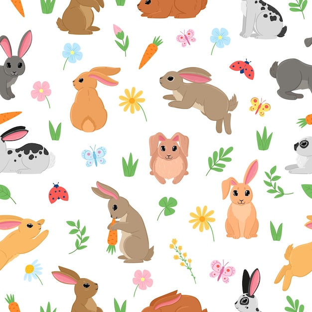 Cartoon spring easter rabbits and flowers seamless pattern Traditional holiday hare cute jumping and sitting rabbits vector background illustration Bunny character pattern with flora and bugs