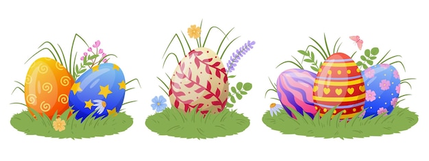 Cartoon spring eggs Easter chocolate holiday painted eggs on grass lawn Happy Easter colorful decoration eggs flat vector illustration set