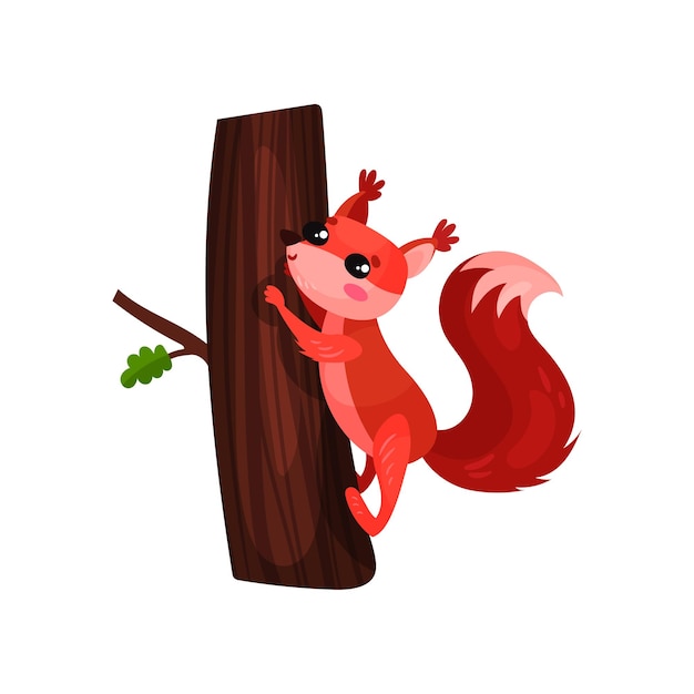 Vector cartoon squirrel climbing up tree trunk small forest rodent with red fur fluffy tail and cute muzzle flat vector element for children book