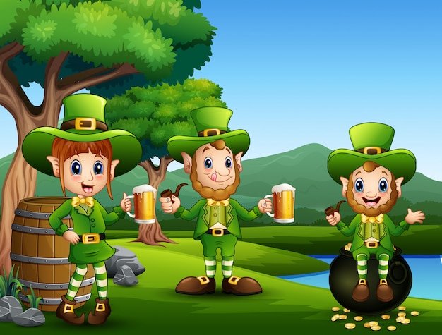 Cartoon St Patricks Day Leprechauns with mug beer