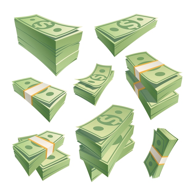 Cartoon stack banknotes Stacks cash green money dollar bills stacking dollar banknote pile cashs paper currency heap 100 payment note pack isolated recent vector illustration