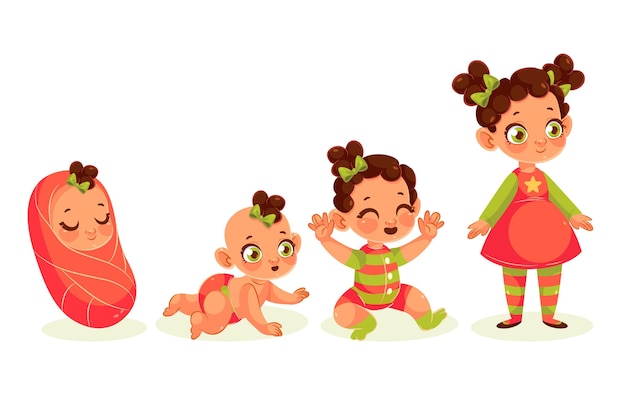 Cartoon stages of a baby girl