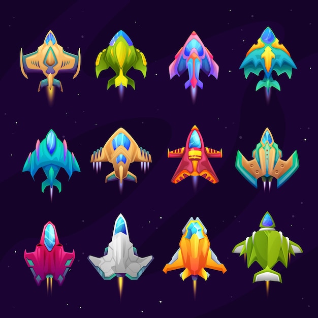 Cartoon starship spacecraft and spaceship icons