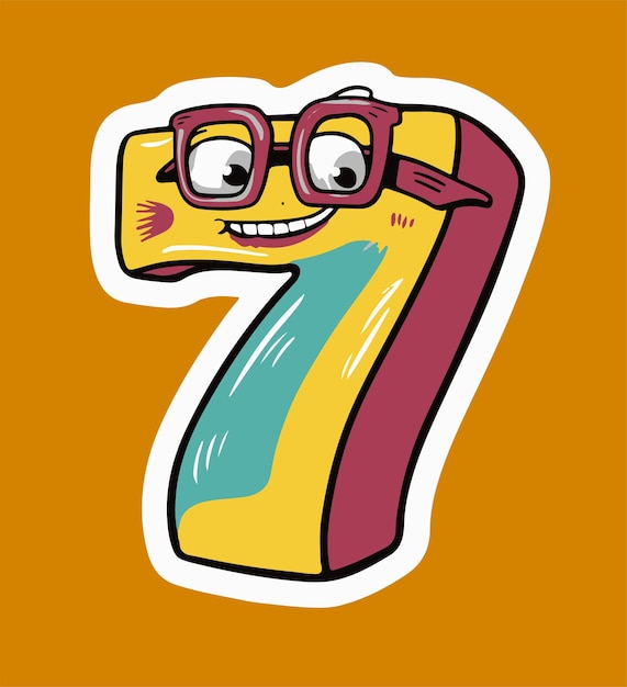 a cartoon sticker of a colorful number 7 with glasses