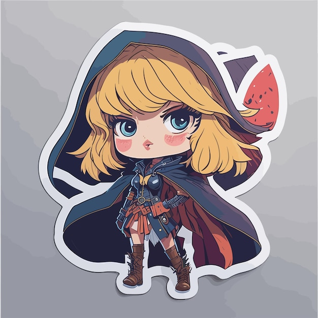 A cartoon sticker of a girl with a cape and a hood that says " the witch ".