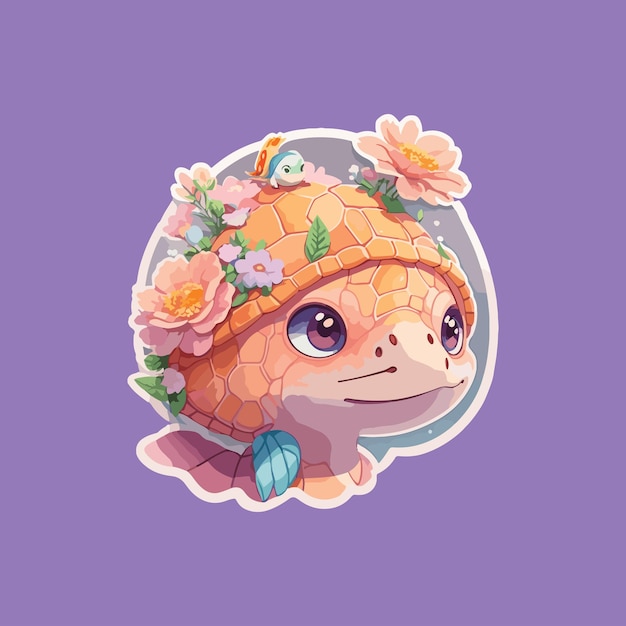 A cartoon sticker of a turtle with flowers generative by AI