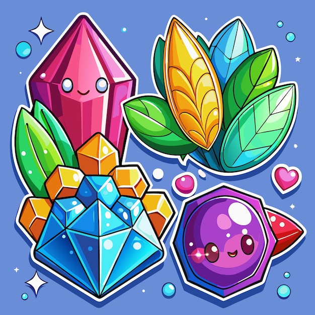 Vector cartoon stickers of colorful gems flowers and a heart