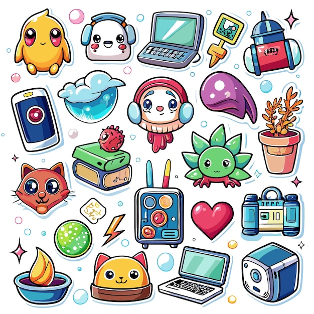 Vector cartoon stickers of cute characters and objects