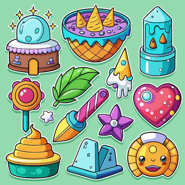 Vector cartoon stickers set with colorful and cute elements