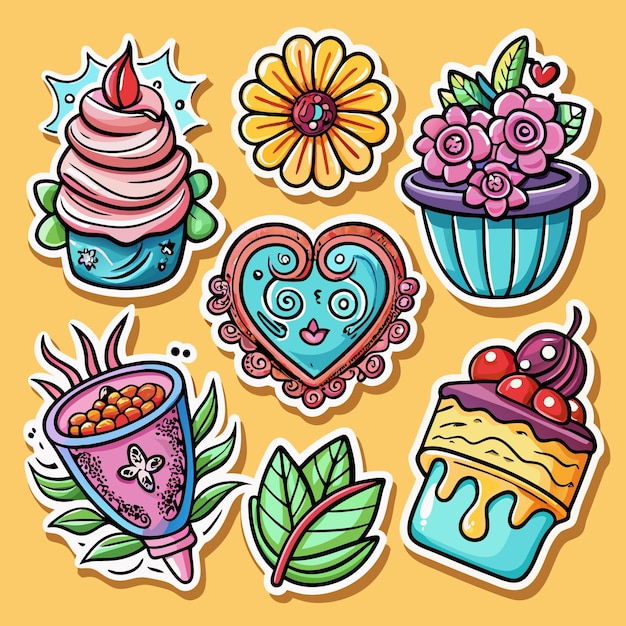 Vector cartoon stickers set with various colorful designs