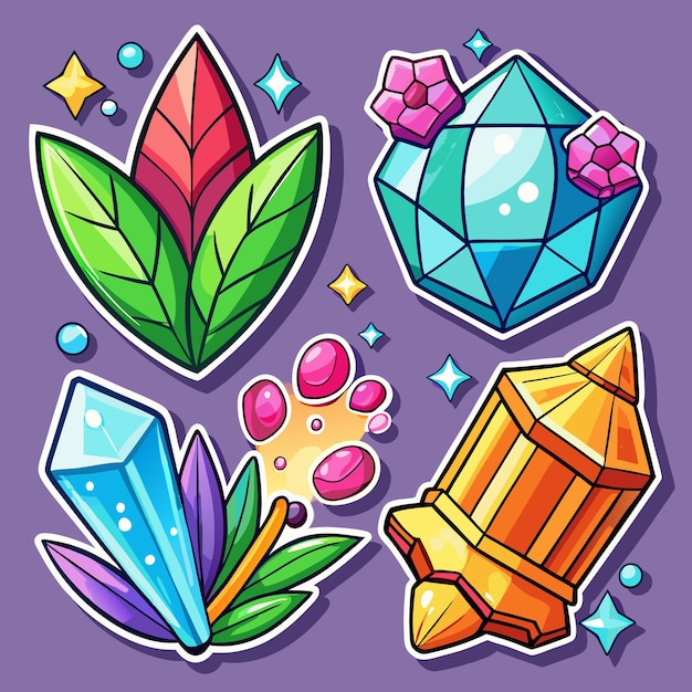 Vector cartoon stickers with fantasy crystals flowers and stars