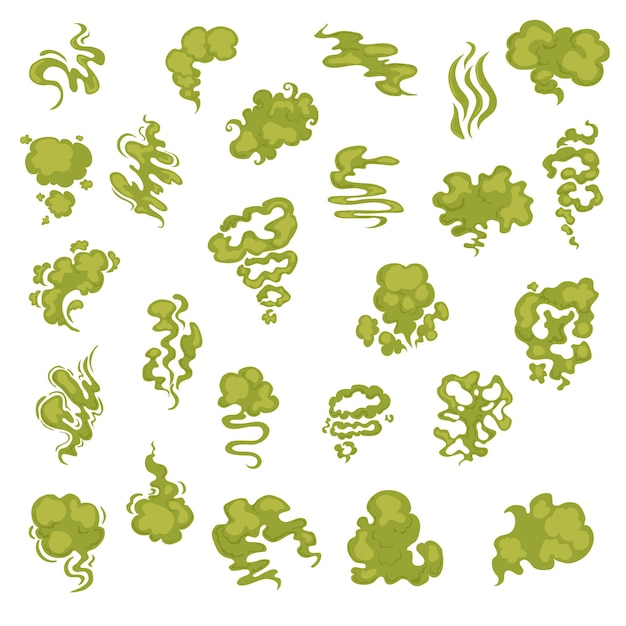 Vector cartoon stinky smell bubbles, water vapor and stench aroma streams set. aroma smoke stream, odour toxic green illustration on white background