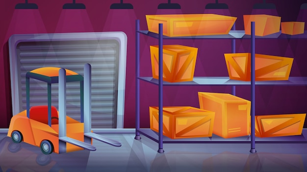 Vector cartoon storage room with boxes and loader, illustration