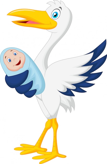 Cartoon stork with baby