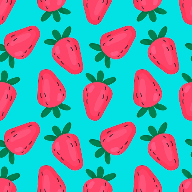 Cartoon strawberries seamless pattern on blue background