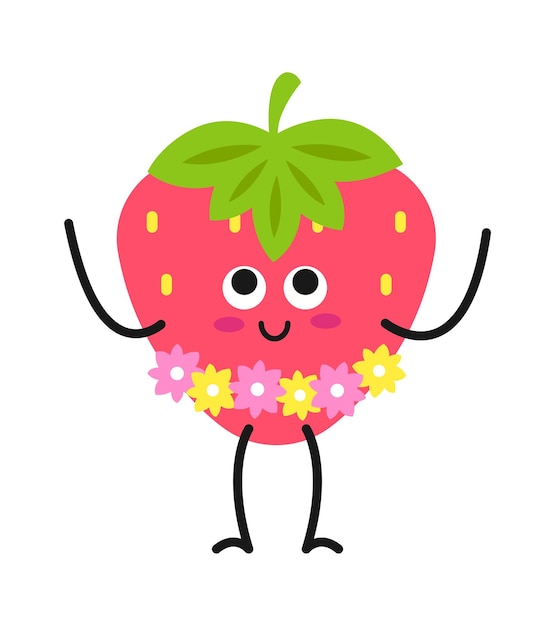 Cartoon strawberry character with flower wreath Vector illustration