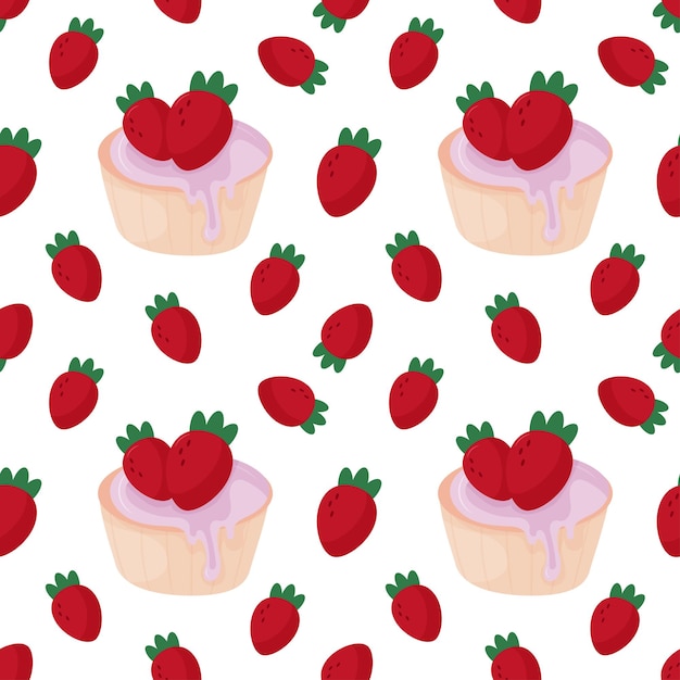 Cartoon strawberry cupcakes seamless pattern