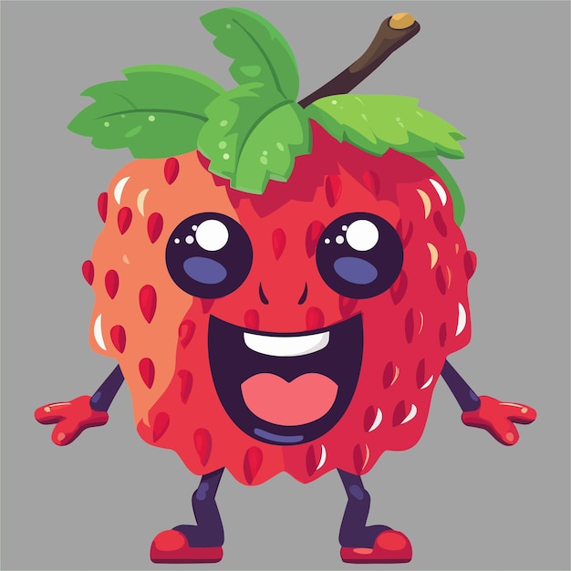 A cartoon strawberry with a green leaf on its face.