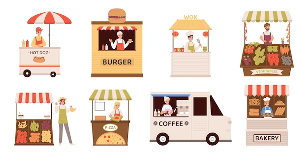 Cartoon street vendors seller burger coffee and hot dog Vendor market fresh farmers fruits and vegetables Stall bazaar snugly vector set