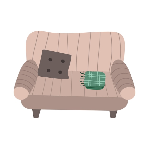 Cartoon stripped sofa couch or settee with blanket and cushion Furniture for living room interior in boho style Hand drawn vector illustration in beige and green colors Cozy domestic apartment