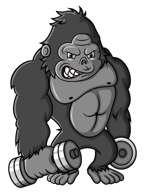 Cartoon strong gorilla exercise with dumbbells