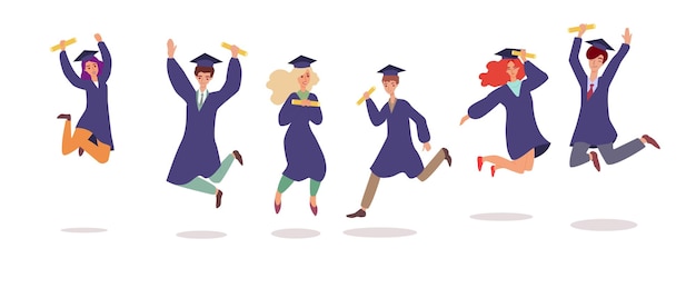 Cartoon students in graduation cap and gown jumping in air  isolated set