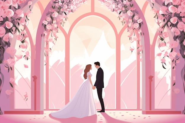 Vector cartoon style bride and groom wedding