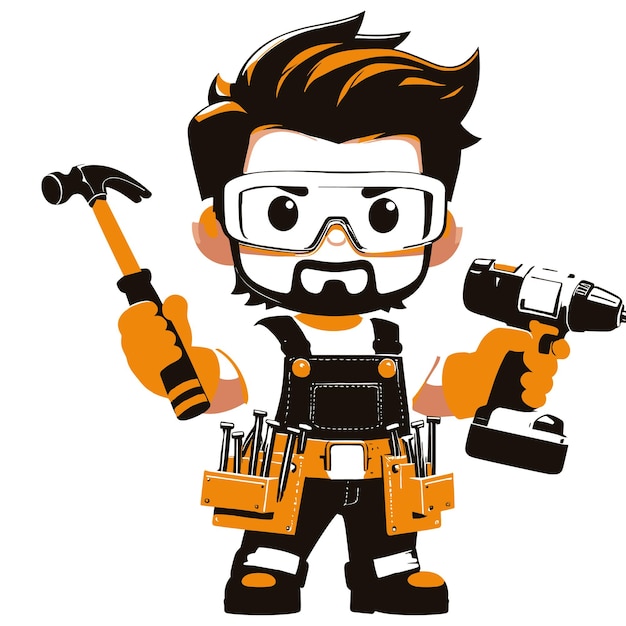 Cartoon style building engineer with engineering equipment vector illustrations