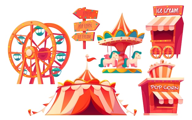 Cartoon style carnival funfair items