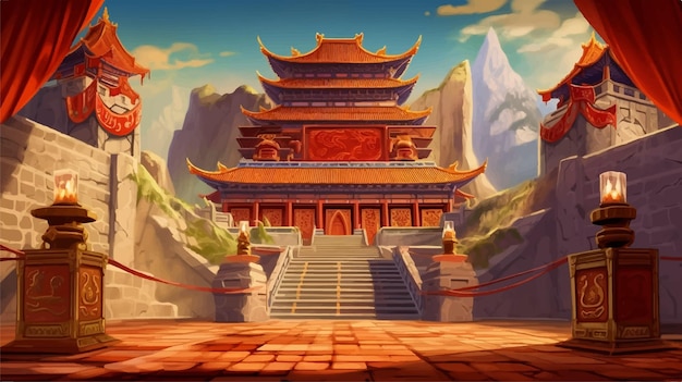 a cartoon style Chinese temple with stairs game background