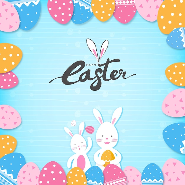 Cartoon style cute bunnies and colorful eggs at border for happy Easter concept