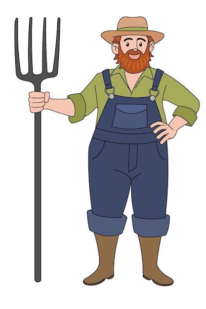 Vector cartoon style of cute man wearing gardening clothes standing smiling and holding a farm rake